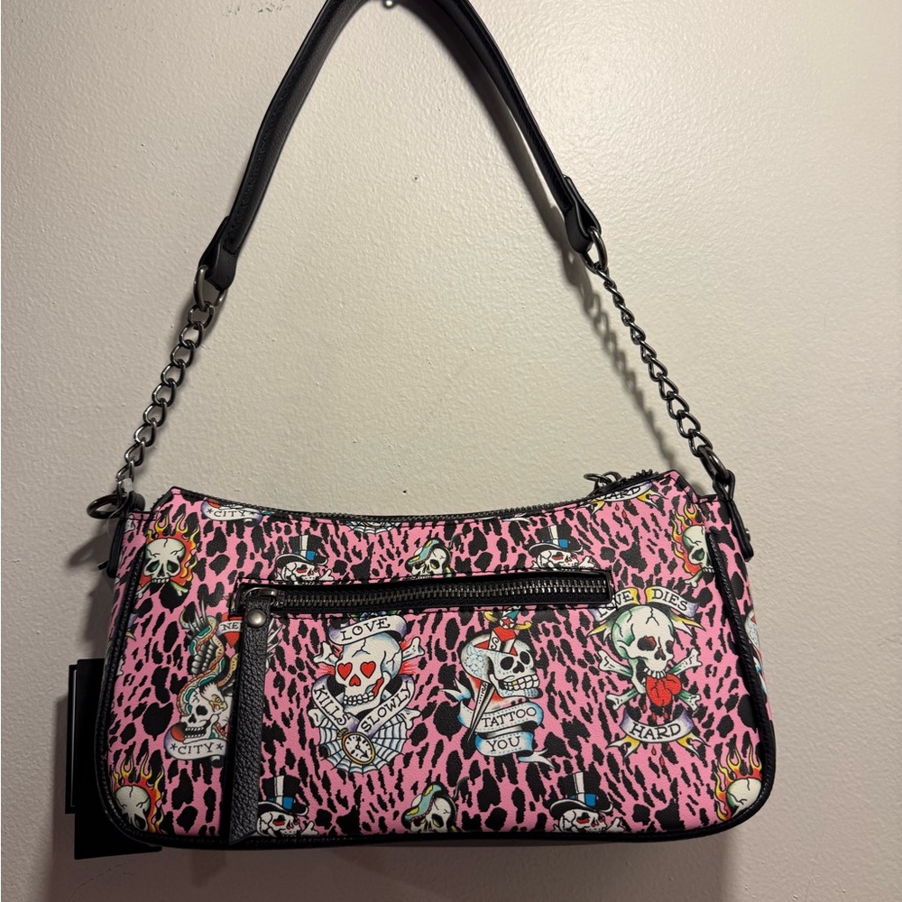 Ed Hardy shoulder crossbody Bag leopard print skull pink NWT - Picture 4 of 7
